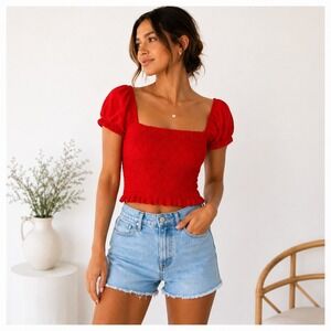 ASTR The Label Red Smocked Puff Sleeve Crop Top XS Cottagecore Boho Romantic